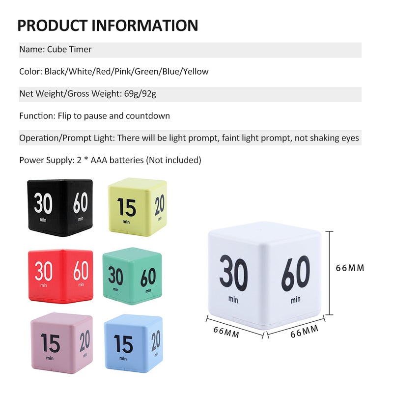Cube Timers Time Management and Countdown Settings with Gravity Sensor Flip Timer 2.6 Inch Kids Timer 15-20-30-60 Minutes for Studying Cooking Reading Exercise - Image 3