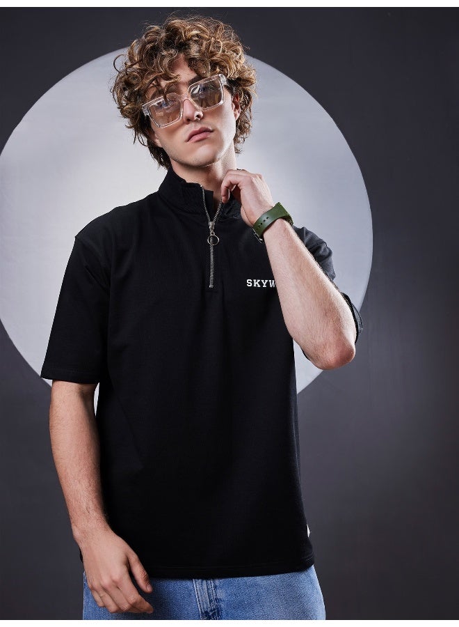 Maniac Maniac Mens  Printed High Neck Half Sleeve Black Cotton T-Shirt  - Image 2