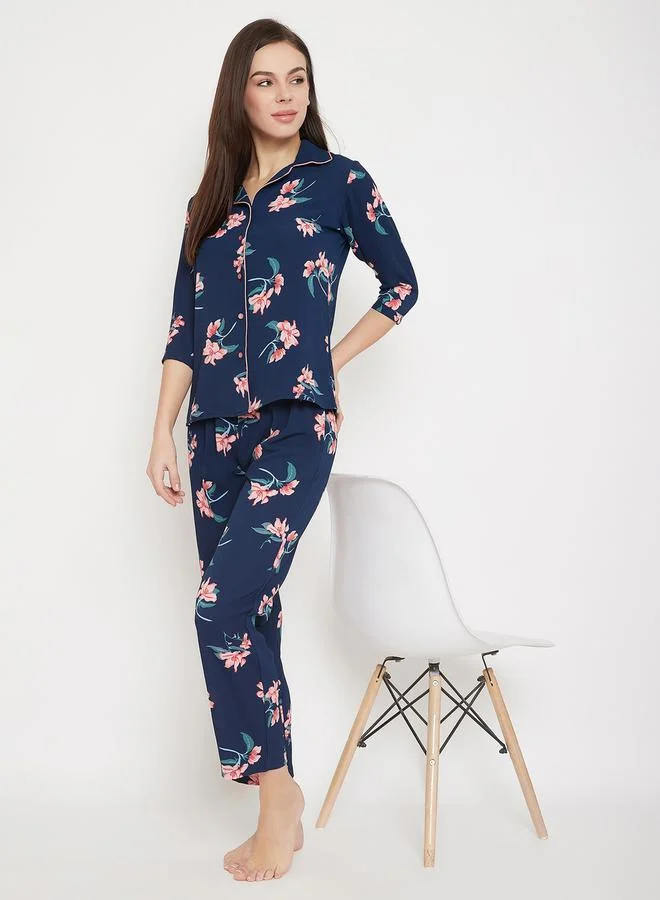 Clovia Floral Print Button Down Shirt & Pyjama Set by Styli