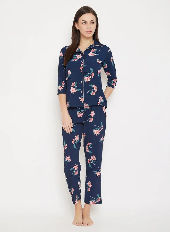 Clovia Floral Print Button Down Shirt & Pyjama Set by Styli
