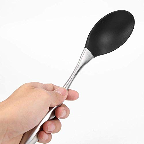 we3 Kitchen Silicone Mixing Spoon,Cooking Utensils Silicone Serving Spoon with Heat Resistant Silicone Covering Head and Stay-Cool Stainless Steel Handles|Steel Spoon 34cm| (Black) - Image 3