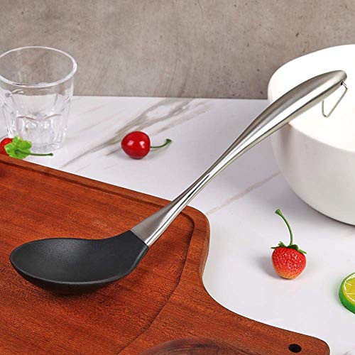 we3 Kitchen Silicone Mixing Spoon,Cooking Utensils Silicone Serving Spoon with Heat Resistant Silicone Covering Head and Stay-Cool Stainless Steel Handles|Steel Spoon 34cm| (Black) - Image 4