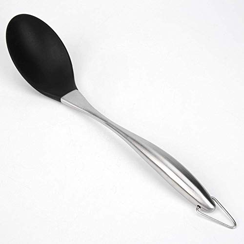 we3 Kitchen Silicone Mixing Spoon,Cooking Utensils Silicone Serving Spoon with Heat Resistant Silicone Covering Head and Stay-Cool Stainless Steel Handles|Steel Spoon 34cm| (Black) - Image 2