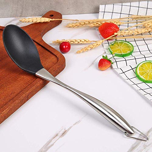 we3 Kitchen Silicone Mixing Spoon,Cooking Utensils Silicone Serving Spoon with Heat Resistant Silicone Covering Head and Stay-Cool Stainless Steel Handles|Steel Spoon 34cm| (Black) - Image 5