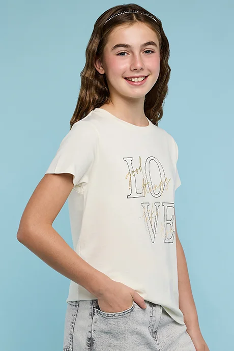 أر أند بي Typography Print T-Shirt with Crew Neck and Short Sleeves