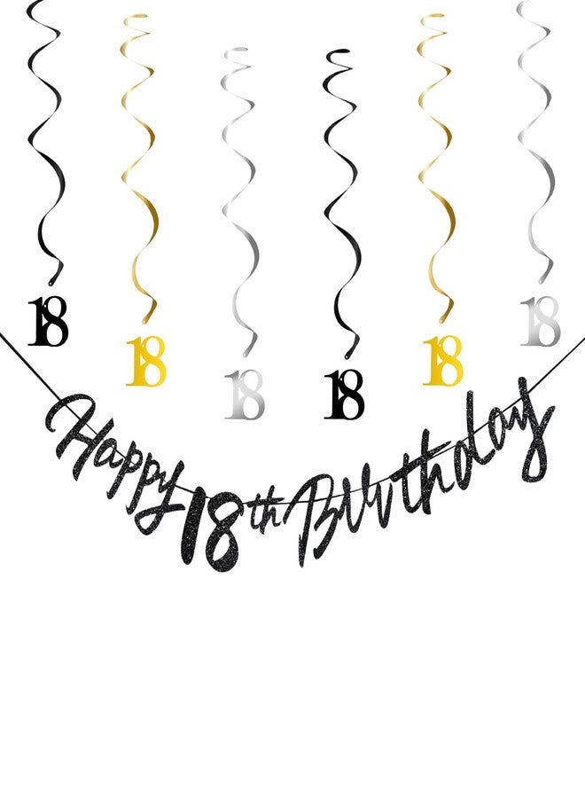 OLIVBIN 18th Birthday Decorations for Boys Swirls Streamers Set, Hanging Vortex Happy 18th Birthday Banner for Girls, Black and Gold 18 Birthday Decor Party Bunting - Image 1
