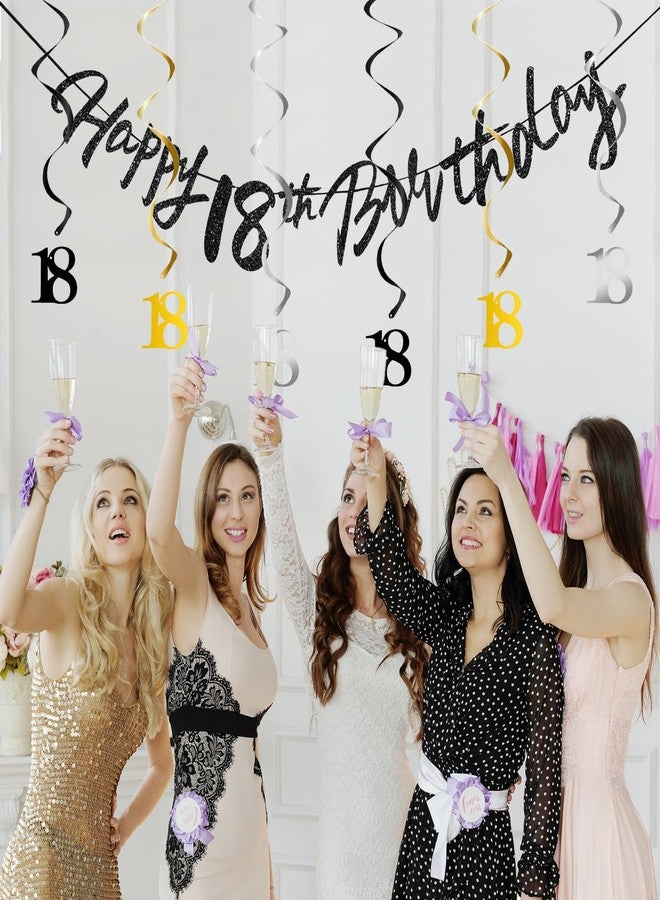 OLIVBIN 18th Birthday Decorations for Boys Swirls Streamers Set, Hanging Vortex Happy 18th Birthday Banner for Girls, Black and Gold 18 Birthday Decor Party Bunting - Image 2