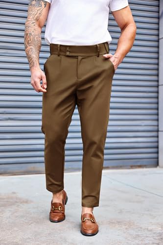 PASLTER Mens Chino Pants Slim Fit Flat Front Stretch Skinny Tapered Dress Pants Casual Trousers Brown - Image 2