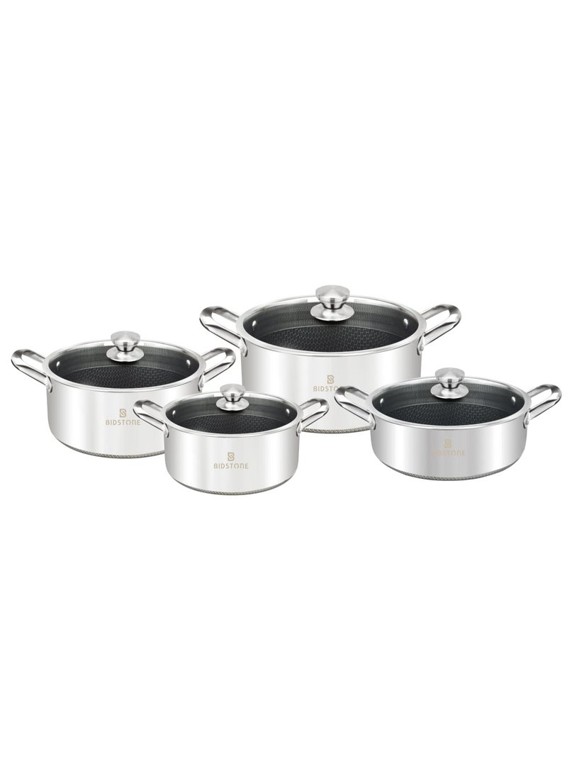 Bidstone Bidstone 8-Piece 18/10 Stainless Steel Cook Ware Set with Honeycomb Non-Stick – 3 Pots (20/24/28 cm) + 1 Shallow pot with Lids – Induction & Oven Safe  - Image 2
