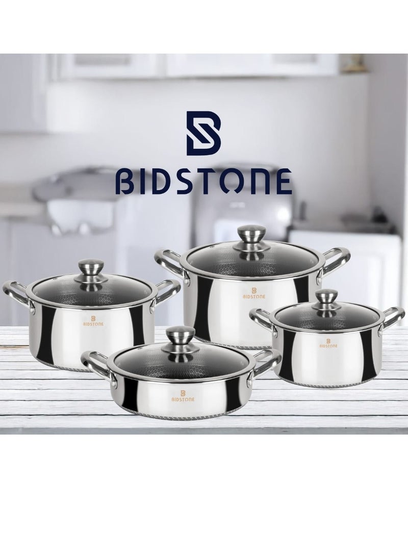 Bidstone Bidstone 8-Piece 18/10 Stainless Steel Cook Ware Set with Honeycomb Non-Stick – 3 Pots (20/24/28 cm) + 1 Shallow pot with Lids – Induction & Oven Safe  - Image 1