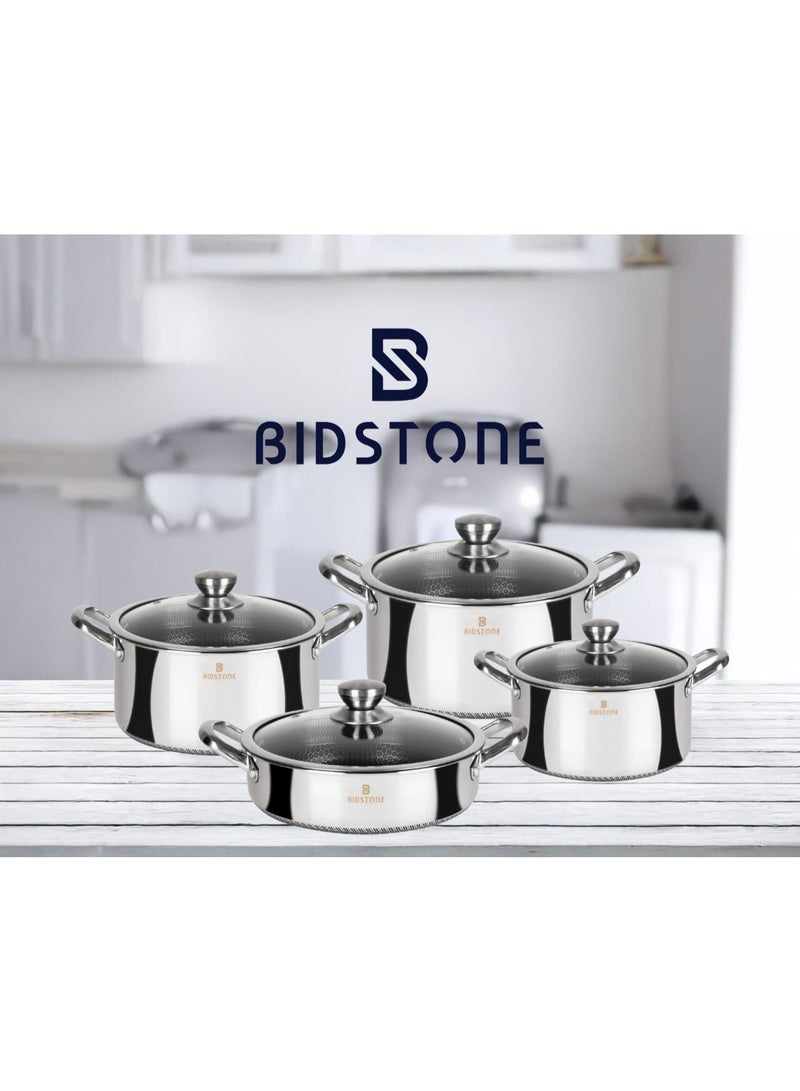 بيدستون طقم أواني الطهي 8 قطع، من الفولاذ المقاوم للصدأ 18/10، غير لاصق، بتصميم خلية النحل، مقاوم للخدش، قاعدة تحريض، طنجرة بغطاء 28 سم، طنجرة بغطاء 24 سم، طنجرة بغطاء 20 سم، وعاء ضحل بغطاء 28 سم، آمن للاستخدام في الفرن، قاعدة سميكة ثلاثية الطبقات، خالي من PFOA و PTFE و PFA. - Image 1