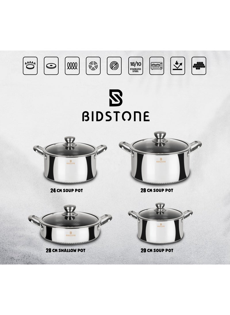بيدستون طقم أواني الطهي 8 قطع، من الفولاذ المقاوم للصدأ 18/10، غير لاصق، بتصميم خلية النحل، مقاوم للخدش، قاعدة تحريض، طنجرة بغطاء 28 سم، طنجرة بغطاء 24 سم، طنجرة بغطاء 20 سم، وعاء ضحل بغطاء 28 سم، آمن للاستخدام في الفرن، قاعدة سميكة ثلاثية الطبقات، خالي من PFOA و PTFE و PFA. - Image 3