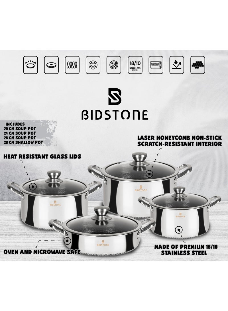 بيدستون طقم أواني الطهي 8 قطع، من الفولاذ المقاوم للصدأ 18/10، غير لاصق، بتصميم خلية النحل، مقاوم للخدش، قاعدة تحريض، طنجرة بغطاء 28 سم، طنجرة بغطاء 24 سم، طنجرة بغطاء 20 سم، وعاء ضحل بغطاء 28 سم، آمن للاستخدام في الفرن، قاعدة سميكة ثلاثية الطبقات، خالي من PFOA و PTFE و PFA. - Image 2
