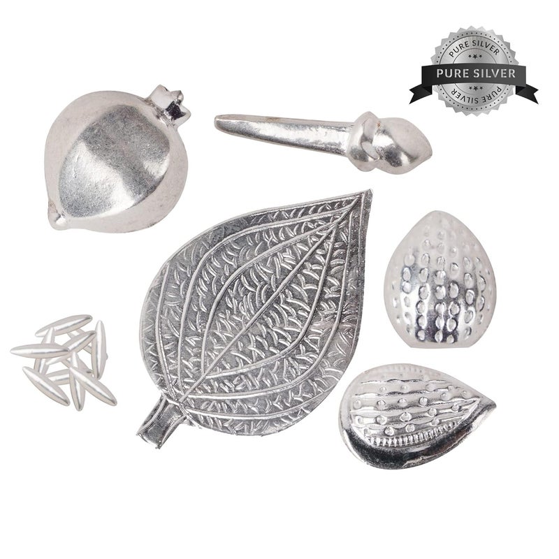 DHRUVS COLLECTION DHRUVS COLLECTION 925 Pure Silver Combo of 1 Paan ka Patta 1 Anaar 1 Badaam 1 Supari 1 Clove and 11 RiceChawal ke Daane for Home Decor Pooja Gift Purpose Donation