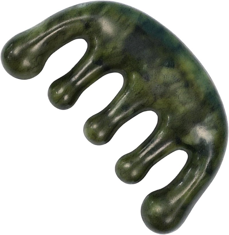 Jade Scalp Massager Comb, Natural Green Tool, Five Tooth, for Stress Relief and Relaxation, Skin Care Beauty - Image 1