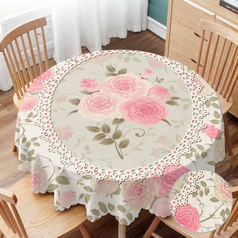 Yibeas Round Tablecloth 60 inch Shabby Chic Rose Pattern Tablecloth Lace Frame with a Bouquet of Roses Table Cloth for Dining Tables Parties Wedding and Banquet Decoration
