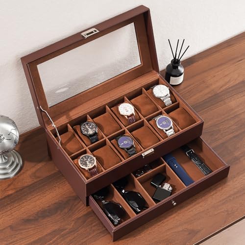 Procase علبة ساعات ProCase للرجال، علبة ساعات رجالية بـ 12 فتحة مع درج، علبة عرض ساعات بغطاء زجاجي، منظم حامل ساعات بطبقتين، تخزين مجوهرات وساعات للرجال والنساء - 12 فتحة، اسبريسو - Image 3