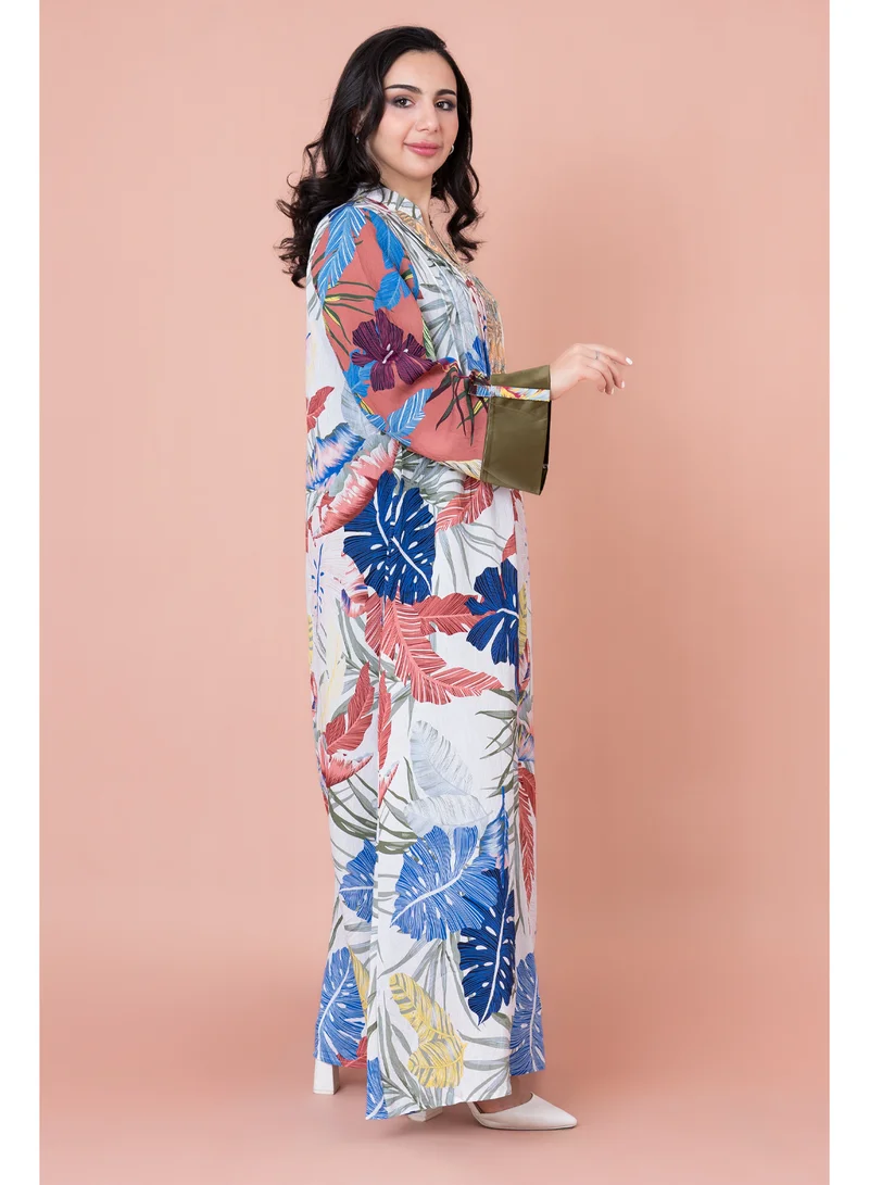 IKKXA Embroidered Leaf Blossom Jalabiya