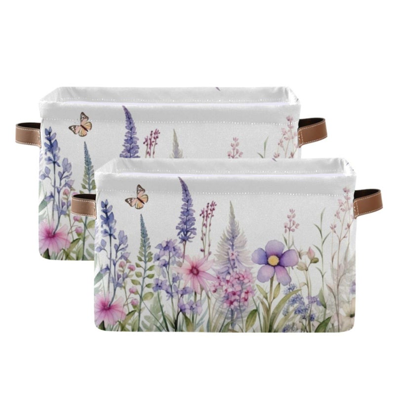 YETTASBIN Herbal Wildflowers Storage Basket 2pc Large Collapsible Toys Clothes Organizer Durable Canvas Storage Bin with Handle for Shelves Closet Laundry Home Office Decor - Image 2