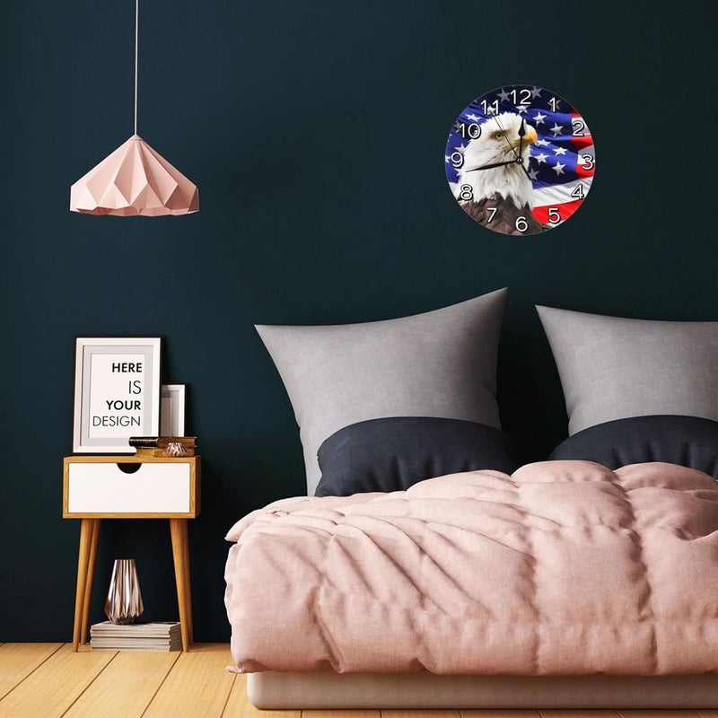 Abucaky Patriotic Bald Eagle with American Flag Wall Clock Battery Operated Silent Round Clock Wall Decor for Home Office School, 12 Inch - Image 5