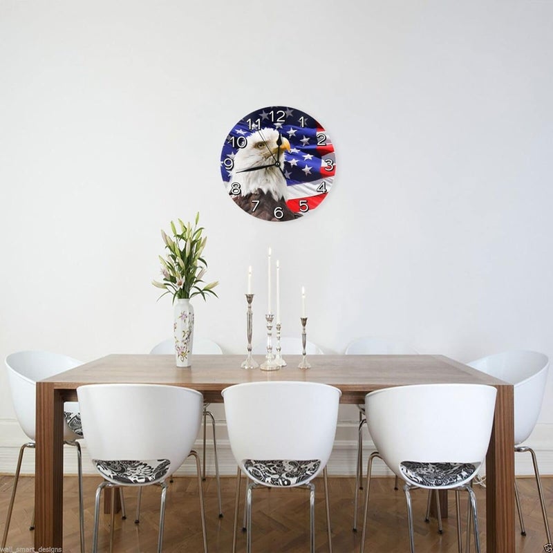 Abucaky Patriotic Bald Eagle with American Flag Wall Clock Battery Operated Silent Round Clock Wall Decor for Home Office School, 12 Inch - Image 4