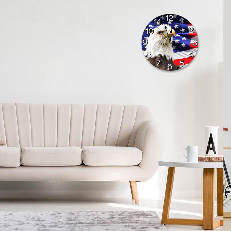 Abucaky Patriotic Bald Eagle with American Flag Wall Clock Battery Operated Silent Round Clock Wall Decor for Home Office School, 12 Inch - Image 2