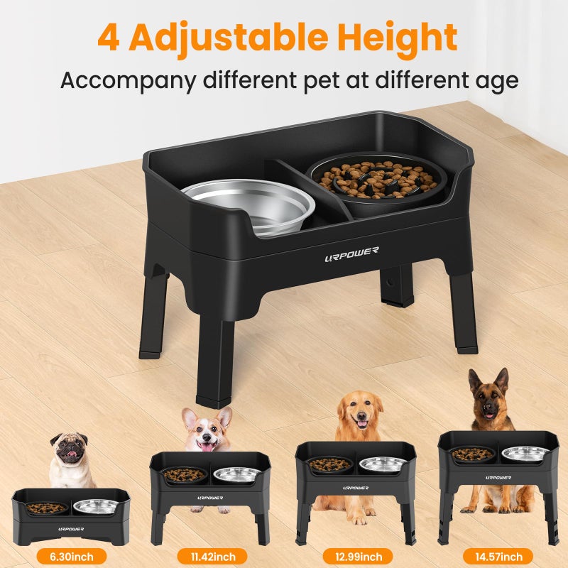 URPOWER 3-in-1 Elevated Dog Bowls - Mess Proof Double Deck 4 Height Adjustable Raised Stand with 2 Stainless Steel Food Bowls & Licking Plate for Small, Medium & Large Dogs - Image 3