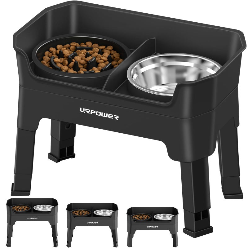 URPOWER 3-in-1 Elevated Dog Bowls - Mess Proof Double Deck 4 Height Adjustable Raised Stand with 2 Stainless Steel Food Bowls & Licking Plate for Small, Medium & Large Dogs - Image 1