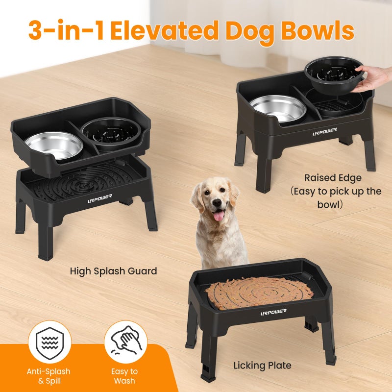 URPOWER 3-in-1 Elevated Dog Bowls - Mess Proof Double Deck 4 Height Adjustable Raised Stand with 2 Stainless Steel Food Bowls & Licking Plate for Small, Medium & Large Dogs - Image 4