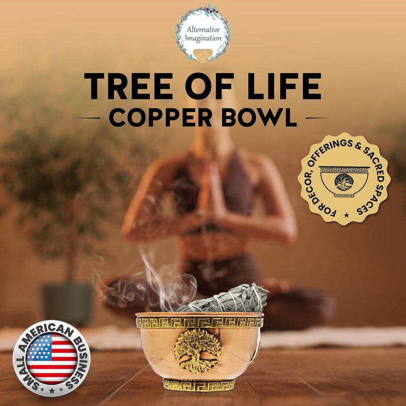 Alternative Imagination Tree of Life Copper Bowl - Offering Bowl for Altar or Ritual Use, Incense Holder and Smudge Kit, Home Decor - Holds Incense, Offerings, Healing Crystals, Water - Smudge Pot for Altar Supplies - Image 2