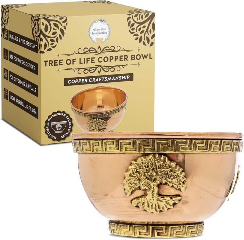Alternative Imagination Tree of Life Copper Bowl - Offering Bowl for Altar or Ritual Use, Incense Holder and Smudge Kit, Home Decor - Holds Incense, Offerings, Healing Crystals, Water - Smudge Pot for Altar Supplies - Image 1
