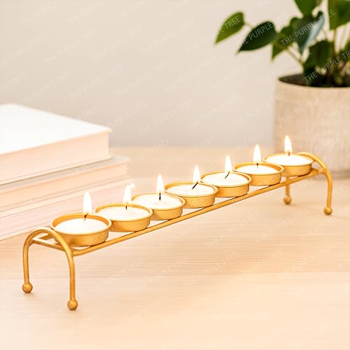 The Purple Tree Golden Long Line Tealight Candle Holder with 7 Candle Spaces (Pack of 1) Gold Tealight Candle Holder, Diwali tealight Holder, Christmas tealights, Diwali Decor - Image 1