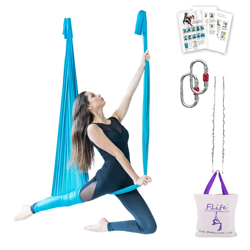 Flife طقم أرجوحة اليوغا الهوائية F.Life يشمل سلسلة ديزي، كارابينر ودليل الوضع (أزرق) - Image 1