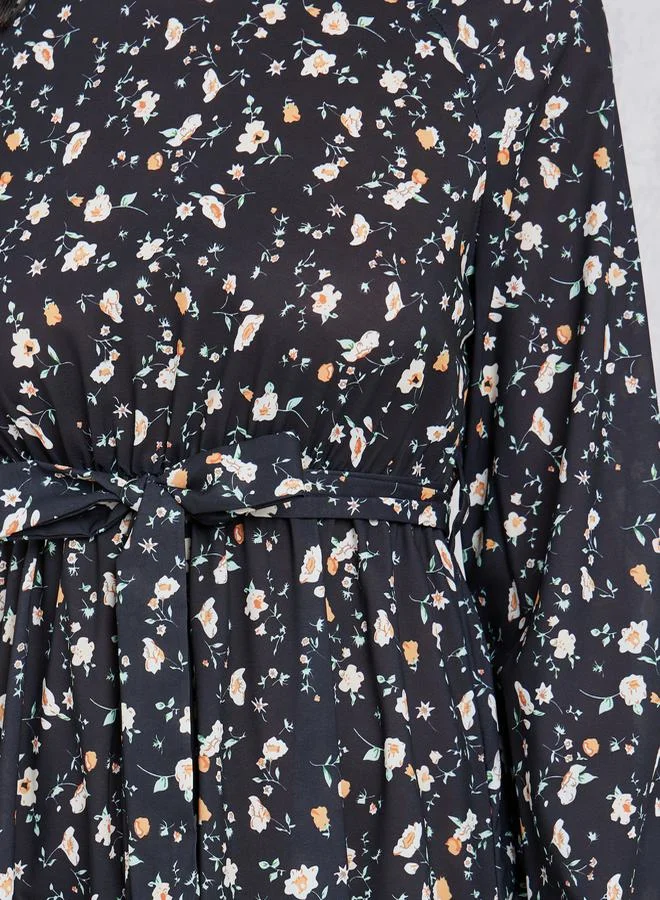 Styli All Over Print A-Line Maxi Dress with Tie Belt