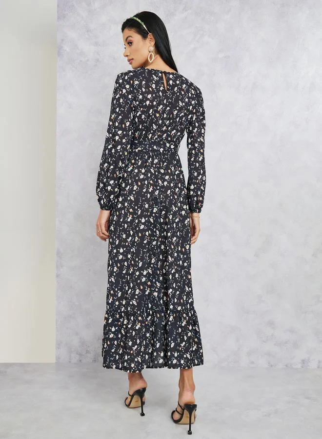 Styli All Over Print A-Line Maxi Dress with Tie Belt