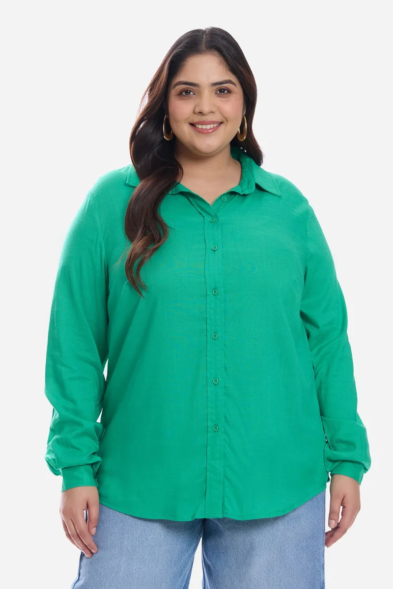 فيرجيو Solid Cotton Regular Button Down Plus Size Shirt for Women