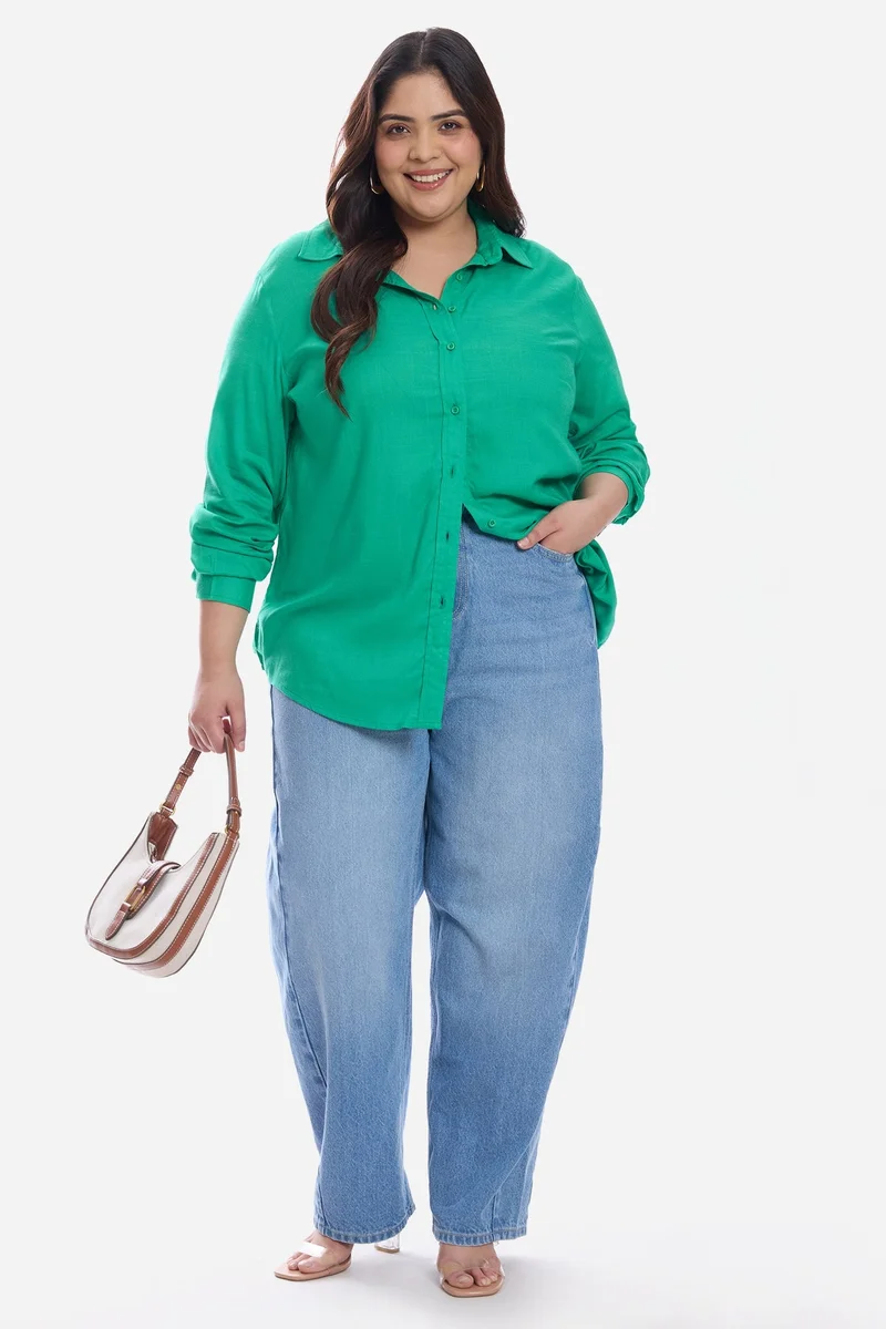 فيرجيو Solid Cotton Regular Button Down Plus Size Shirt for Women