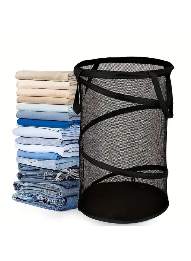 سلة غسيل بوب أب سوداء قابلة للطي وحقيبة تخزين شبكية محمولة لتنظيم المنزل - Image 1