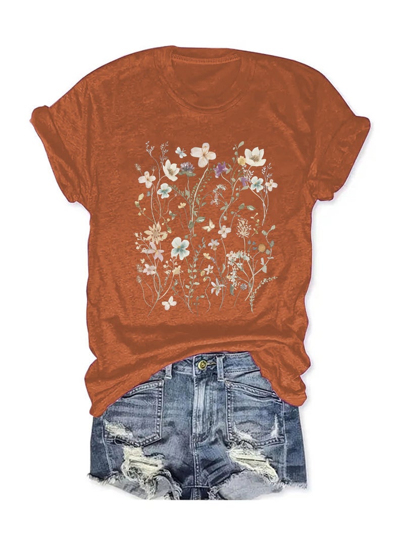 summer women's plant flower pattern printing round neck short sleeve casual fashion explosion T-shirt - Image 1