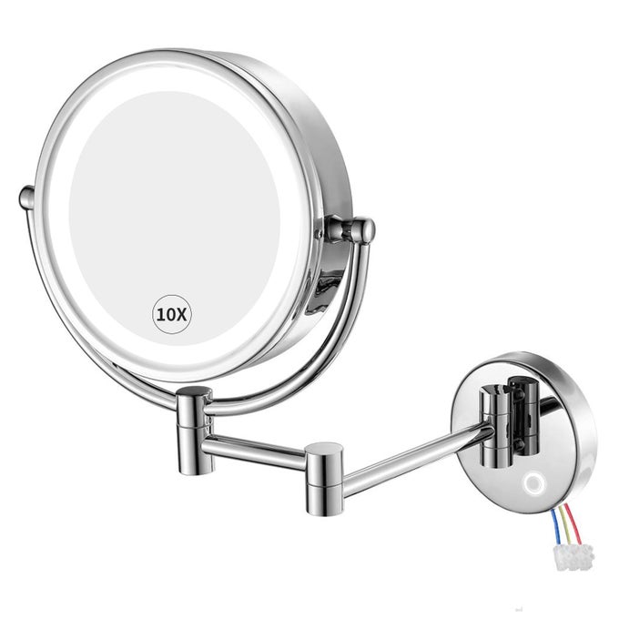 WALL MOUNTED HARDWIRED MAKEUP MIRROR WITH 3 TONES DIMMABLE LED LIGHTS 10X MAGNIFYING MIRROR WITH TOUCH CONTROL FOR BATHROOM BEDROOM 13 EXTENDABLE ARM DIRECT WIRE M1809DT10XCHROME