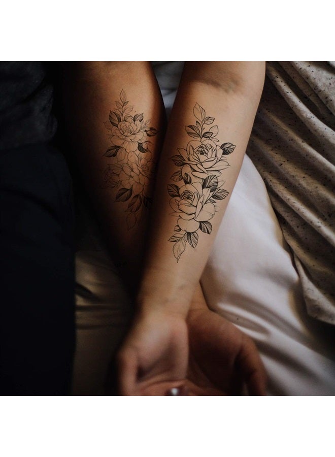 Oottati 10 Sheets Waterproof Temporary Tattoo Stickers 3D Black Branch Rose Peony Flower Girls Blossom Waterproof Arm Leaf Sexy Arm Chains Pattern Perfect for Parties, Events and More - Image 1