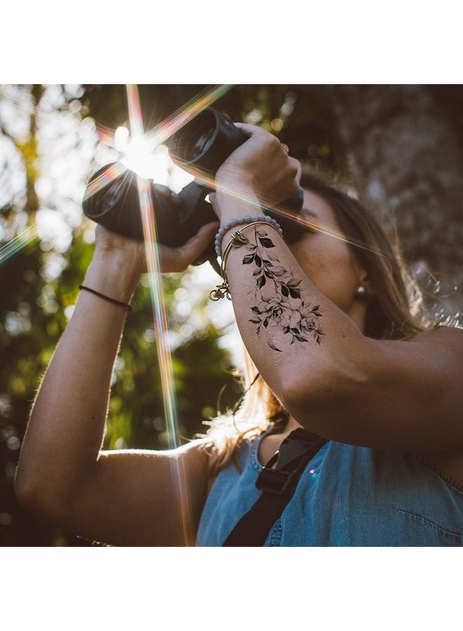 Oottati 10 Sheets Waterproof Temporary Tattoo Stickers 3D Black Branch Rose Peony Flower Girls Blossom Waterproof Arm Leaf Sexy Arm Chains Pattern Perfect for Parties, Events and More - Image 4