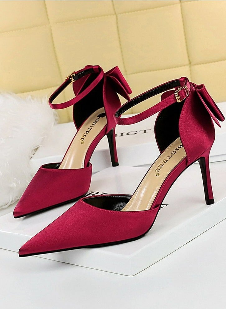 BIGTREE Women's Closed Pointed Toe 8 CM High Heels with Bow Knot Ankle Strap Satin Stiletto Pumps Wine Red