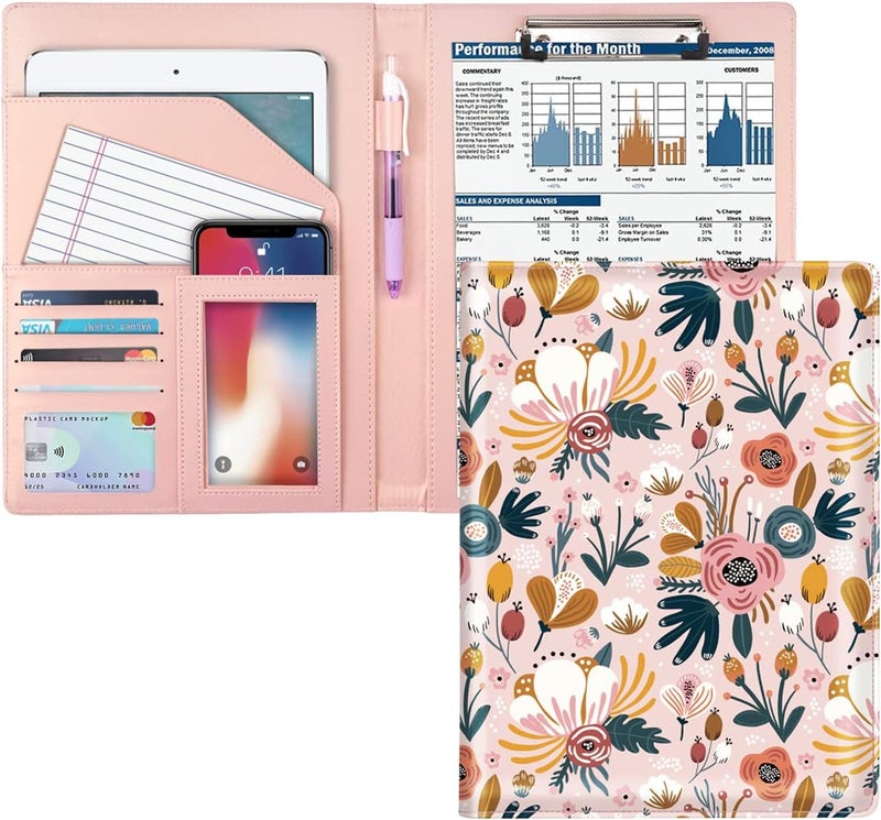 WAVEYU Portfolio Case for Women, Cute Floral Padfolio Cover for Girls, Conference/Resume/Legal Document Organizer with Letter/A4 Size Clipboard Hardboard, Business Card Holders, Pink Flower - Image 1