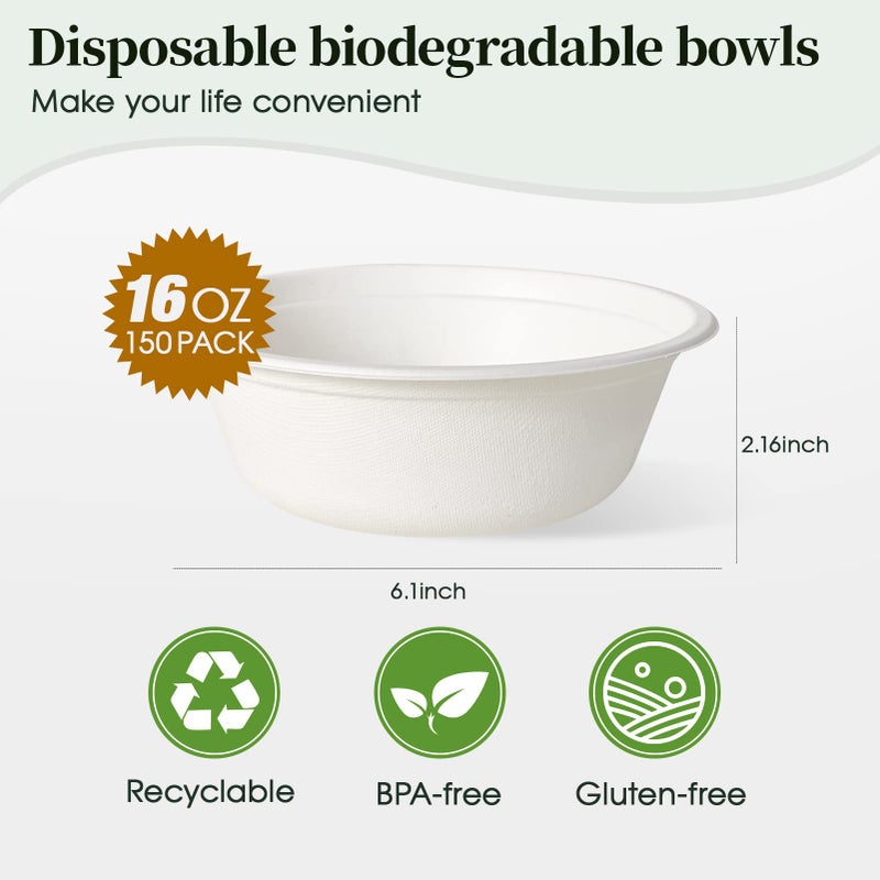 ECOLipak 16 oz Paper Bowls, [150-Pack] Compostable Paper Bowls Bulk, Heavy-duty Disposable Bowls for Hot And Cold Food - Image 2