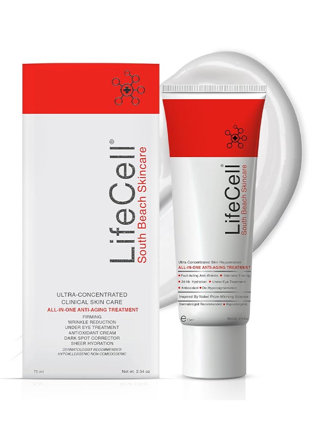 LifeCell Genuine South Beach Skincare, All In One Anti-Aging Treatment 75ml / 2.54 OZ, Reduce The Look Of Wrinkles, Fine Lines, Dark Circles And Sun Damage, Includes DMAE, Retinol, Hyaluronic Acid And Vitamin C