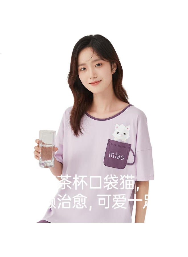 Top melon Ding Guagua Women'S Pure Cotton Spring And Summer Short Sleeve Pajamas Couple Can Be Worn Outside Home Wear Set Female Plum Purple 180 - Image 1