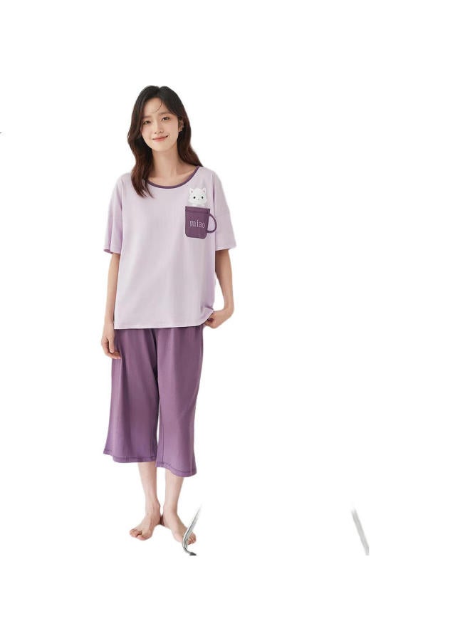 Top melon Ding Guagua Women'S Pure Cotton Spring And Summer Short Sleeve Pajamas Couple Can Be Worn Outside Home Wear Set Female Plum Purple 180 - Image 3