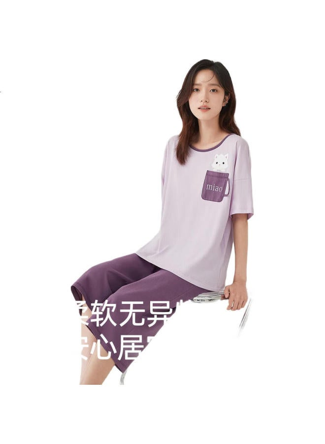 Top melon Ding Guagua Women'S Pure Cotton Spring And Summer Short Sleeve Pajamas Couple Can Be Worn Outside Home Wear Set Female Plum Purple 180 - Image 2
