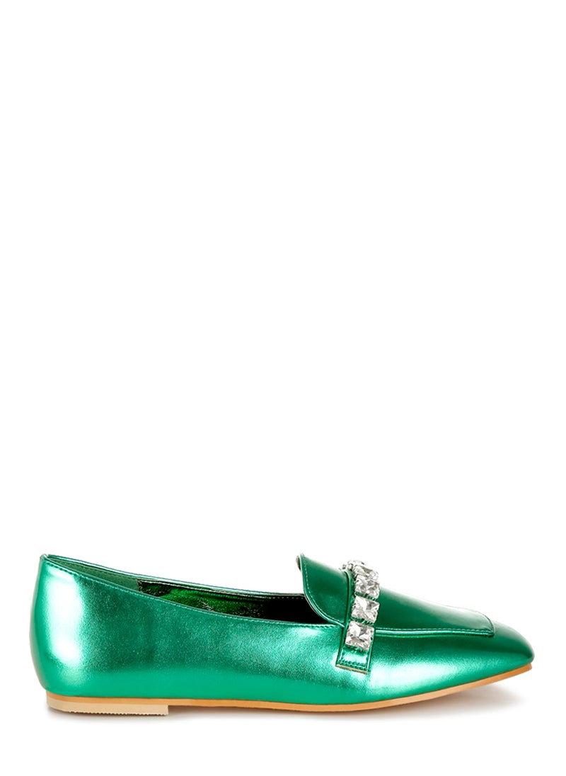 London Rag Metallic Diamante Strap Loafers in Green  - Image 1